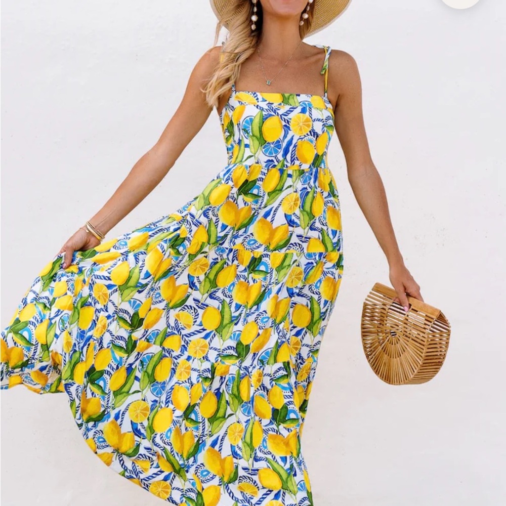Kenny Flowers Yellow Lemon Print Maxi Dress with Blue & Green Accents
